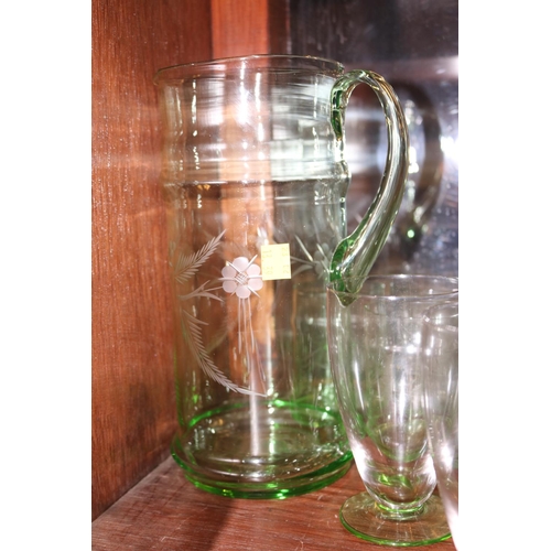 417 - GREEN GLASS WATER JUG, 6 GLASSES & 5 OTHER GLASSES