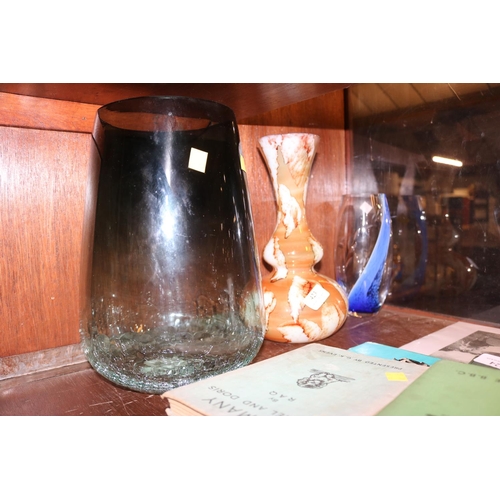 423 - CAITHNESS BLUE VASE, ORNATE ORNAGE/WHITE GLASS VASE & LARGE CRACKLE GLAZED ONE