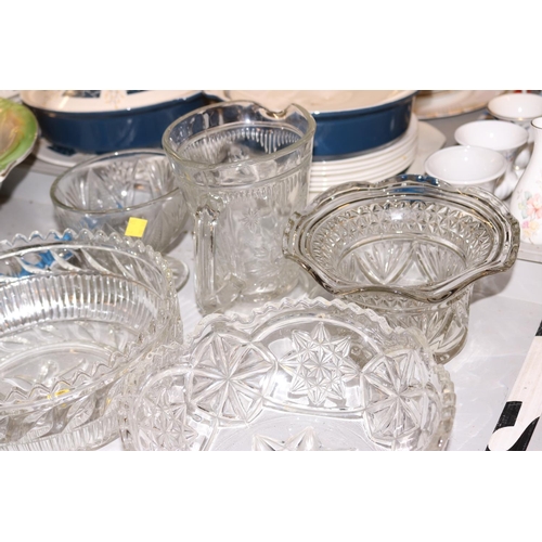 475 - PRESSED GLASS COLLECTION, LARGE BOWLS, JUG, TRAY, CANDLE STICKS, ETC