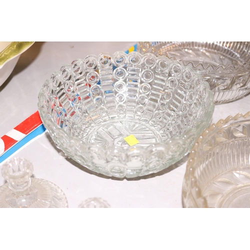 475 - PRESSED GLASS COLLECTION, LARGE BOWLS, JUG, TRAY, CANDLE STICKS, ETC