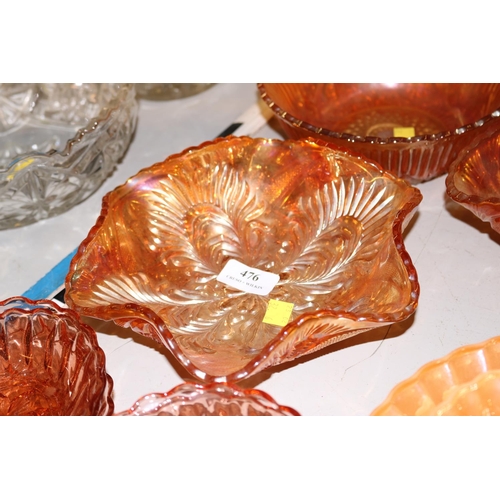 476 - 3 ORANGE CARNIVAL GLASS BOWLS, PEACH LUSTERWARE BOWLS & DEPRESSION GLASS PINK BOWLS