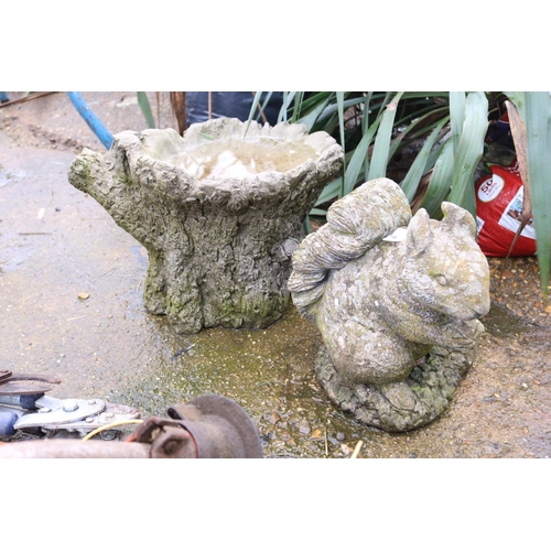 49 - STONE SQUIRREL ORNAMENT & LOG BIRD BATH