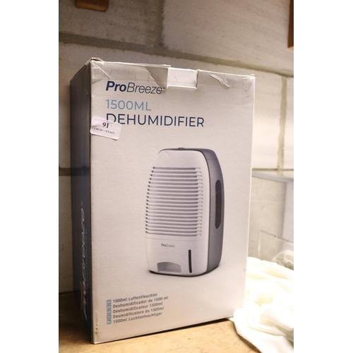 91 - PRO BREEZE DEHUMIDIFIER - WARRANTED UNTIL 12 NOON TUESDAY FOLLOWING THE ABOVE SALE