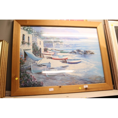 137 - LARGE PINE FRMED PICTURE - BOAT, ITALIAN COASTAL SCENE