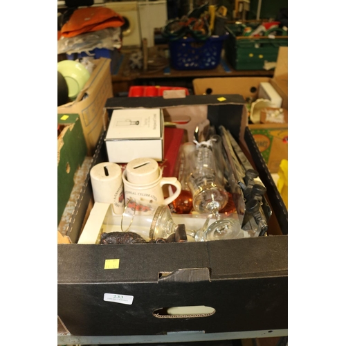 233 - BOX OF COLLECTABLES, INCL GLASSWARE, CUTLERY, CORONATION WARE, ETC