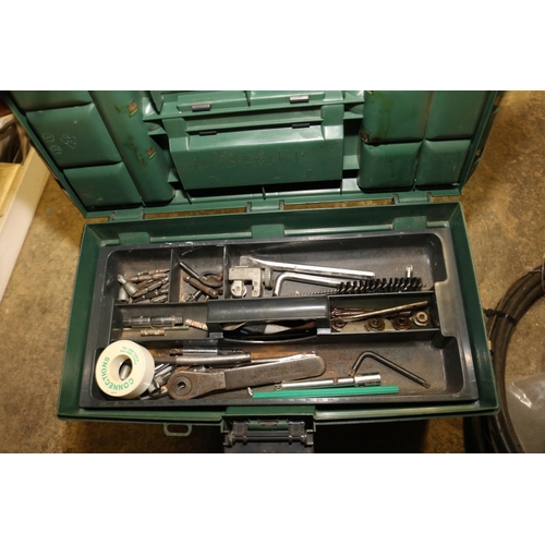 254 - BOX OF ASSORTED ITEMS, TOOL BOX & HELMET