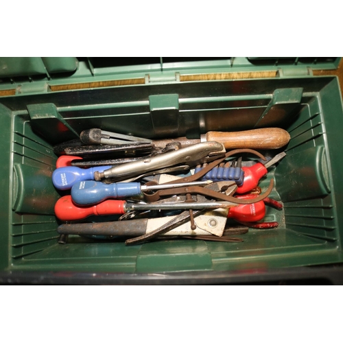 254 - BOX OF ASSORTED ITEMS, TOOL BOX & HELMET