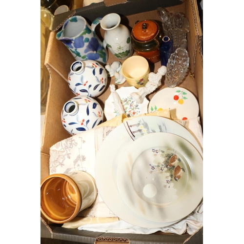 275 - 2 BOXES OF MISC COLLECTABLES, WEDGWOOD, ORNAMENTS, PLATES, TABLE CLOTHS, ETC