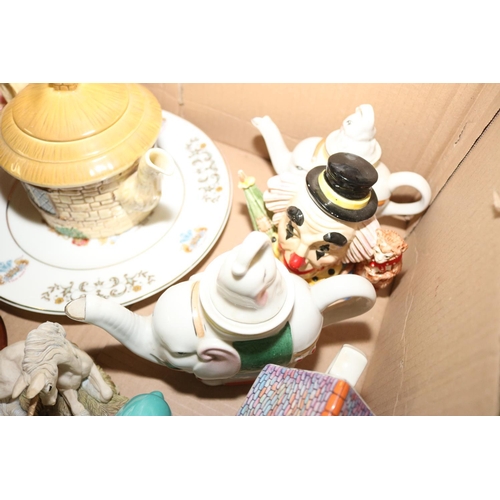 279 - BOX OF MISC, ORNAMENTS, TEA POTS, INCL SYLVAC, PLATE & BOXED CUTLERY