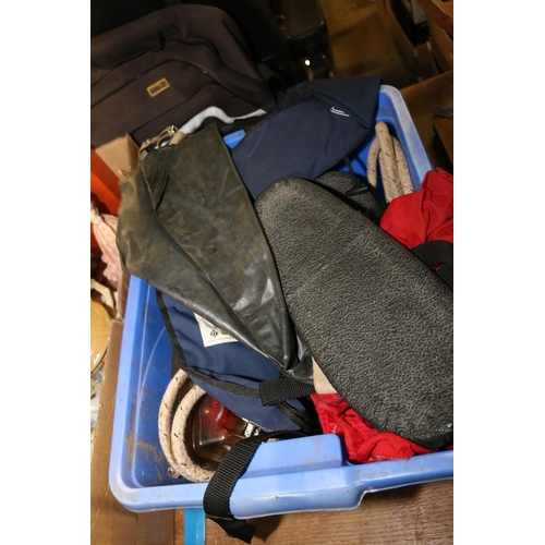 280 - LIFE JACKET/WADERS/BOX OF BOAT ITEMS/ROPE/PULLEYS ETC