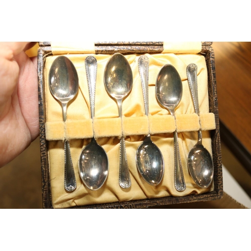 354 - SET OF 6 SILVER PLATED SPOONS, PICKLE FORK, LETTER OPENER & CAKE SLICE SET