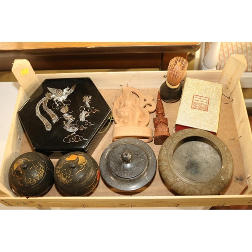 360 - COLLECTION OF MAINLY ORIENTAL WARES, INCL A CHINESE WELL CARVED ROUNDEL, SOAPSTONE SEAL, ETC