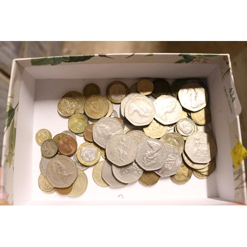 424 - TRAY OF MIXED COINAGE & FOREIGN BANK NOTES