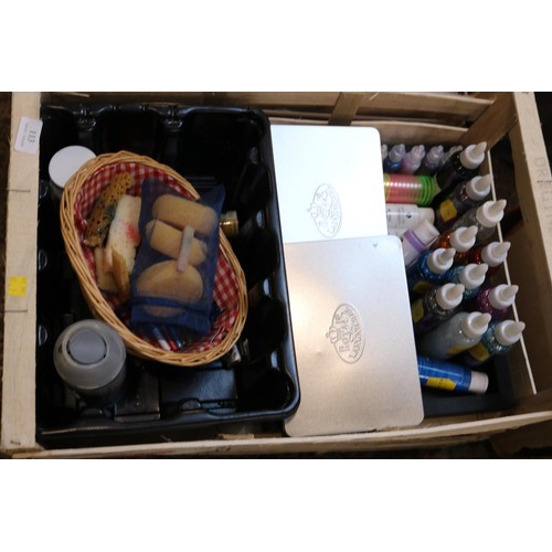 113 - 4 x boxes of various art materials, INC.paint, water, colours, mounting frames, etc.etc