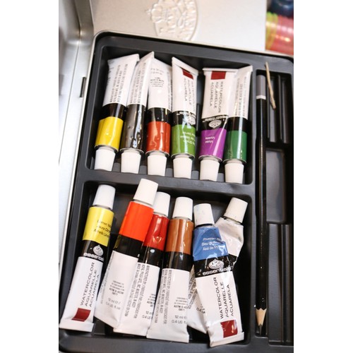 113 - 4 x boxes of various art materials, INC.paint, water, colours, mounting frames, etc.etc