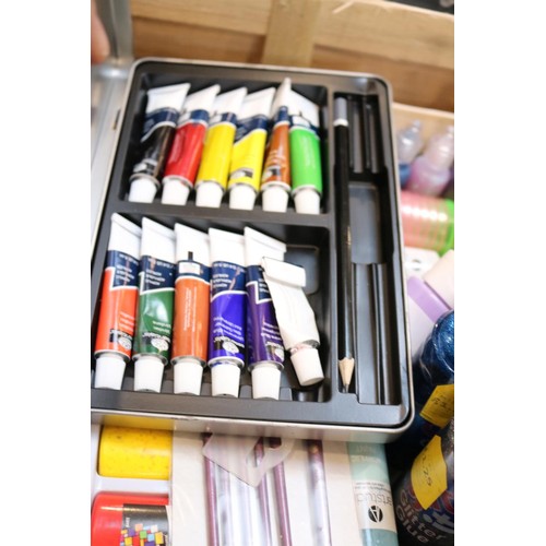 113 - 4 x boxes of various art materials, INC.paint, water, colours, mounting frames, etc.etc