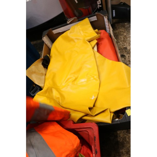 134 - Two boxes of various high, viz coat, waterproof, trousers, etc