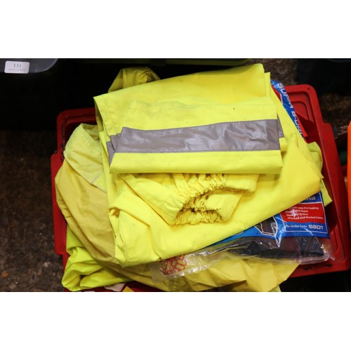 134 - Two boxes of various high, viz coat, waterproof, trousers, etc