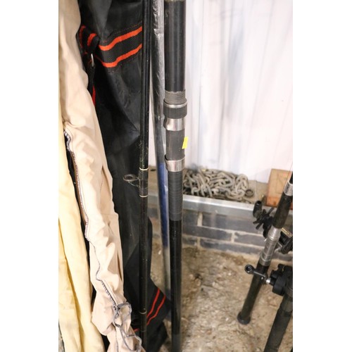 137 - Rod holder, bag and rod rest, three fishing rod, inc. 11 foot specialist rod,Brent 12 foot beach, ca... 