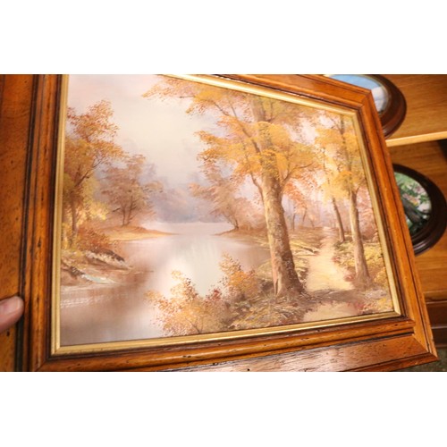 161 - 4 x Picture plates and canvas Woodland River scene picture