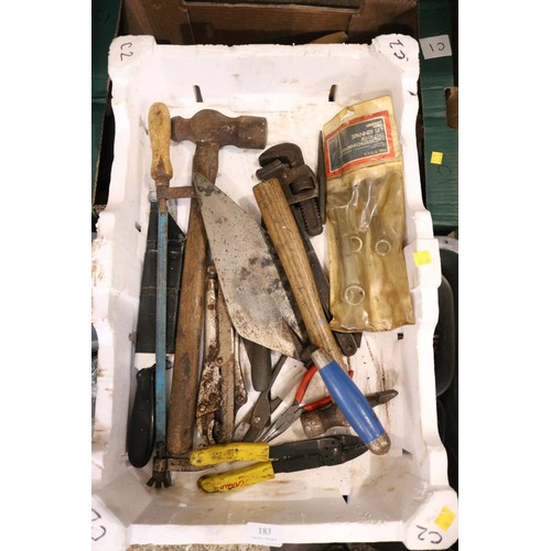 183 - 3 boxes of wood working tools, incl metal fittings, etc