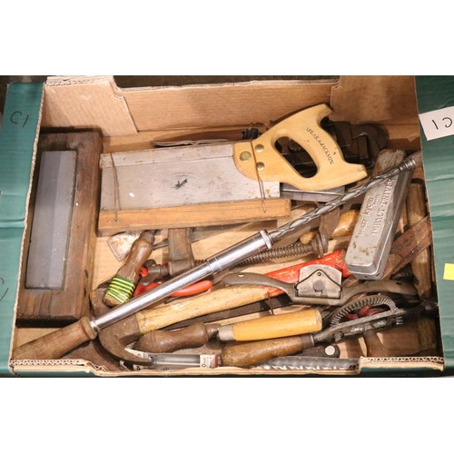 183 - 3 boxes of wood working tools, incl metal fittings, etc