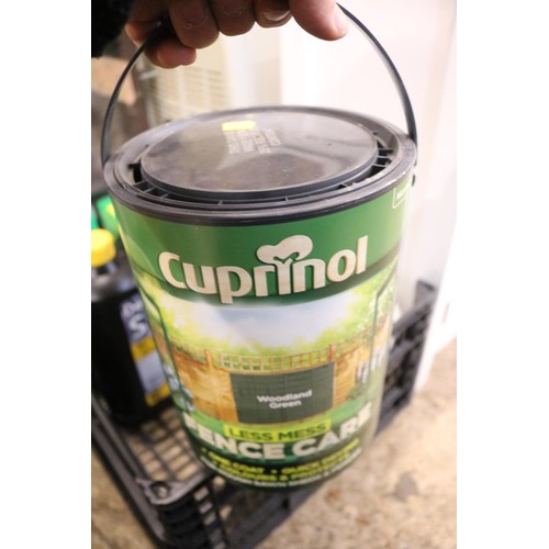 185 - 2 x crates of various Cuprinol fence  paint, deicing salt, miracle, grow, garden, items, etc