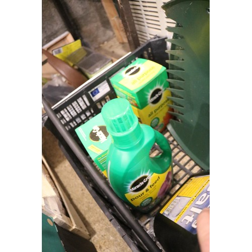 185 - 2 x crates of various Cuprinol fence  paint, deicing salt, miracle, grow, garden, items, etc