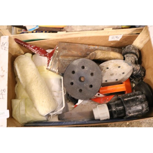 205 - 3 boxes of wood working tools & garage sundries