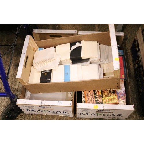 218 - Three boxes including envelopes cooking books paper