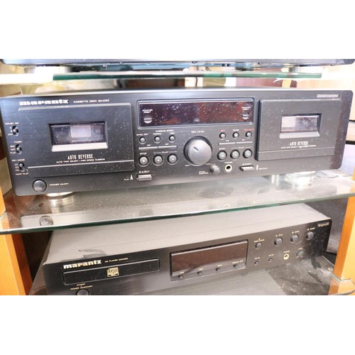 322 - Marantz stereo, CD player, amplifier, cassette player, tuner, 2 x b & w speakers,  user guides - war... 