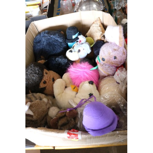 358 - 3 boxes of soft toys & a basket of soft toys