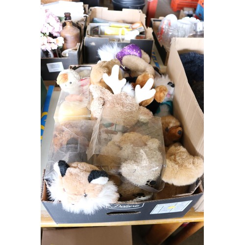 358 - 3 boxes of soft toys & a basket of soft toys