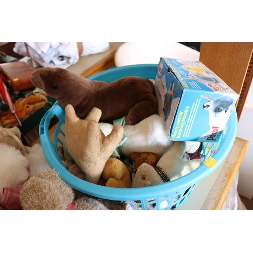 358 - 3 boxes of soft toys & a basket of soft toys