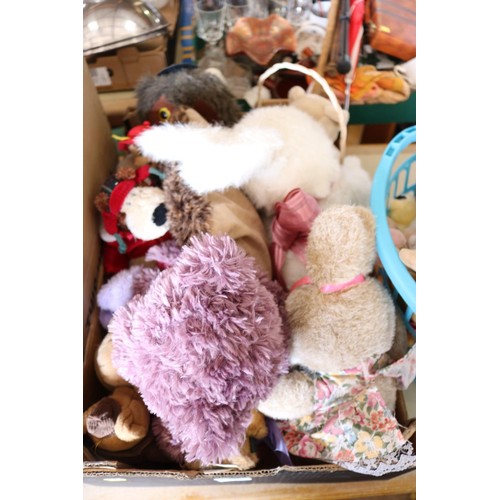 358 - 3 boxes of soft toys & a basket of soft toys