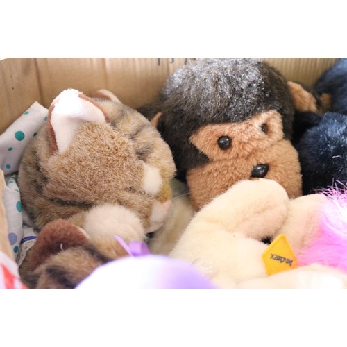 358 - 3 boxes of soft toys & a basket of soft toys