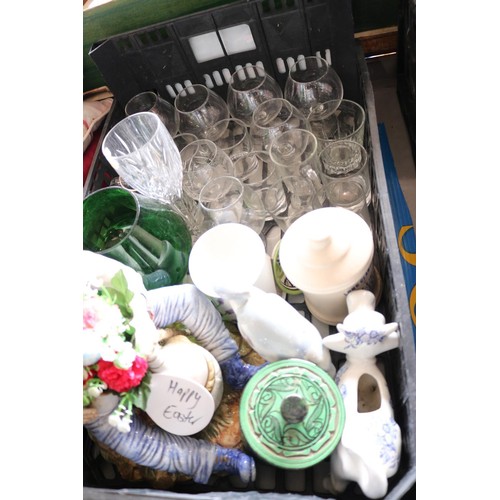 370 - 2 boxes of misc, incl glasses, mirror, ornaments, cups & saucers, etc