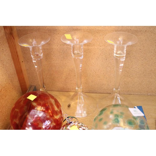 482 - Handmade glass candle sticks & glass balls/baubles