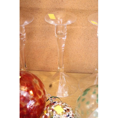 482 - Handmade glass candle sticks & glass balls/baubles