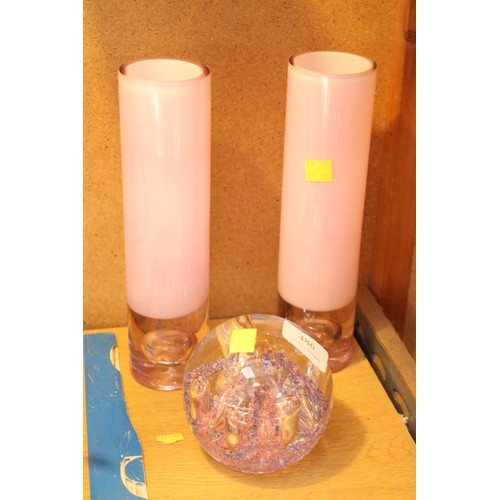 486 - Pair of pink bubble base M'dira glass vases & large heavy bubble paperweight