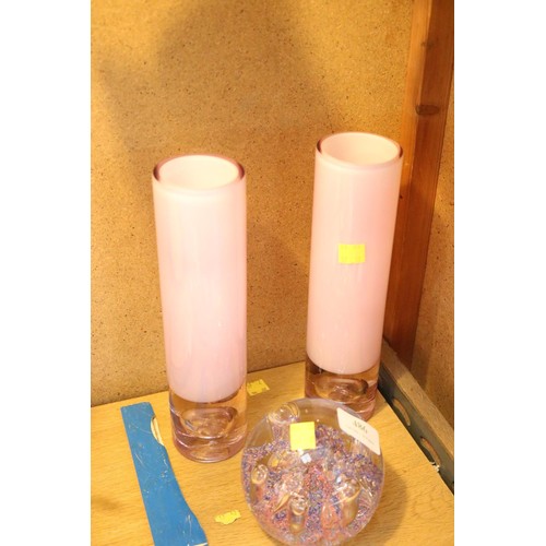 486 - Pair of pink bubble base M'dira glass vases & large heavy bubble paperweight