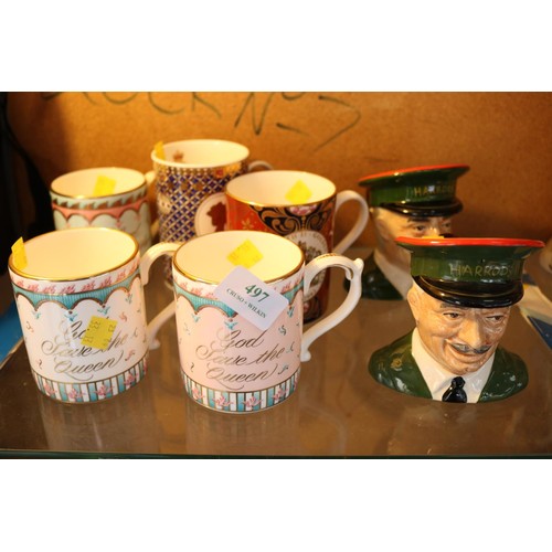 497 - Carltonware Harrods mugs & 5 royal china mugs