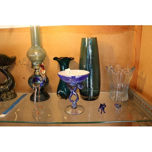 502 - Collection of blue glass items - bowls, vases, animals, caithness & oil lamp