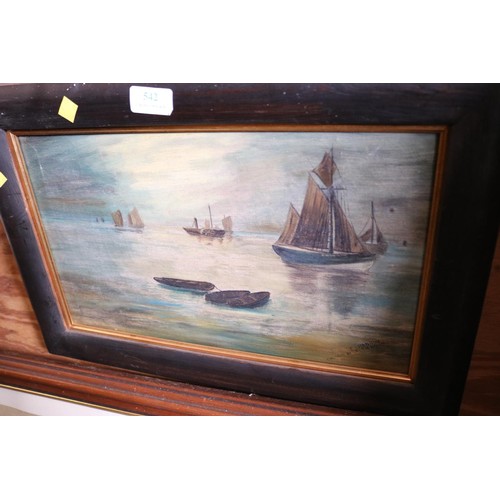 542 - Framed oil boating scene, signed E Shannon