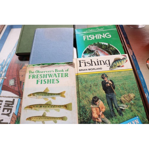 560 - Novelty fishing picture & vintage fishing books, rare 1st edition 1919 book 'Reservoir & gravel pit ... 