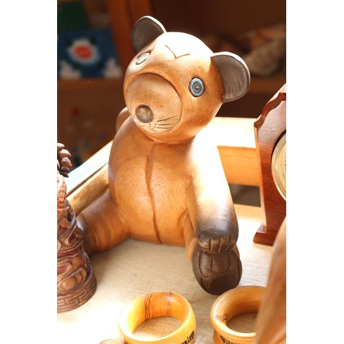 571 - Wooden items - boxes, dragon carved incense holder, teddy, dolphin, bookends, night stick, etc