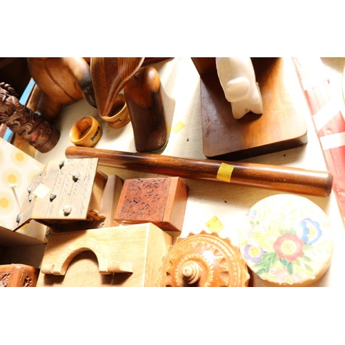 571 - Wooden items - boxes, dragon carved incense holder, teddy, dolphin, bookends, night stick, etc