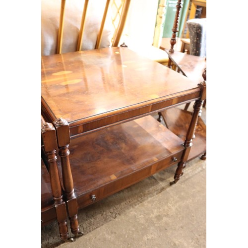 593 - Pair of reproduction 2 tier inlaid coffee tables with drawer (castor in drawer)