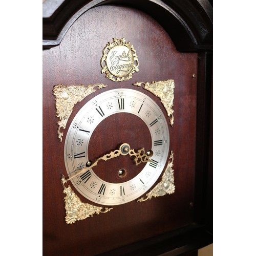 621 - Reupholstered grandmother clock with pendulum, weights (key in office)