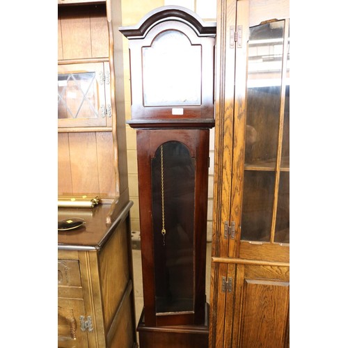 621 - Reupholstered grandmother clock with pendulum, weights (key in office)